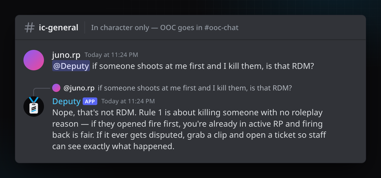 A member asks whether returning fire counts as RDM, and Staffd answers using the server's rule 1.