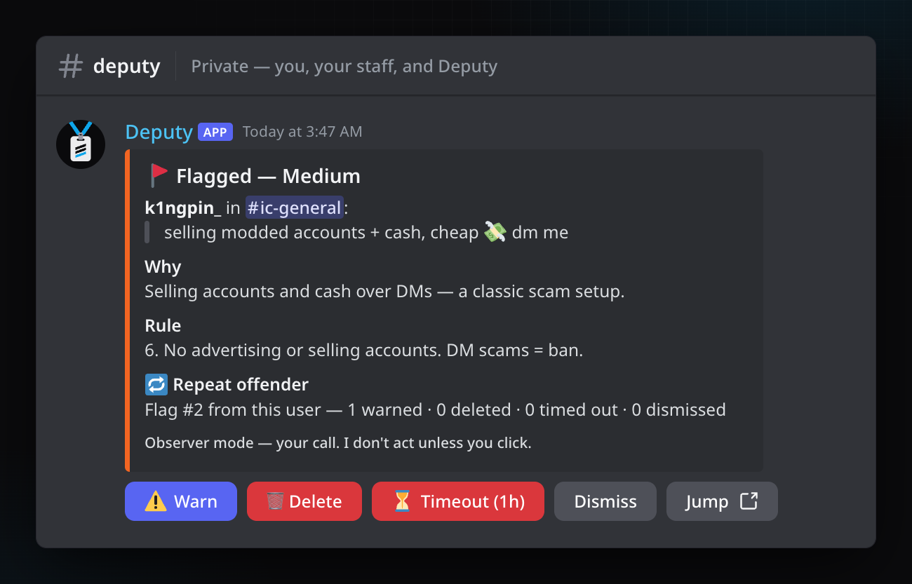 A flag card for an account-selling post, citing rule 6, with Warn, Delete, Timeout and Dismiss buttons.