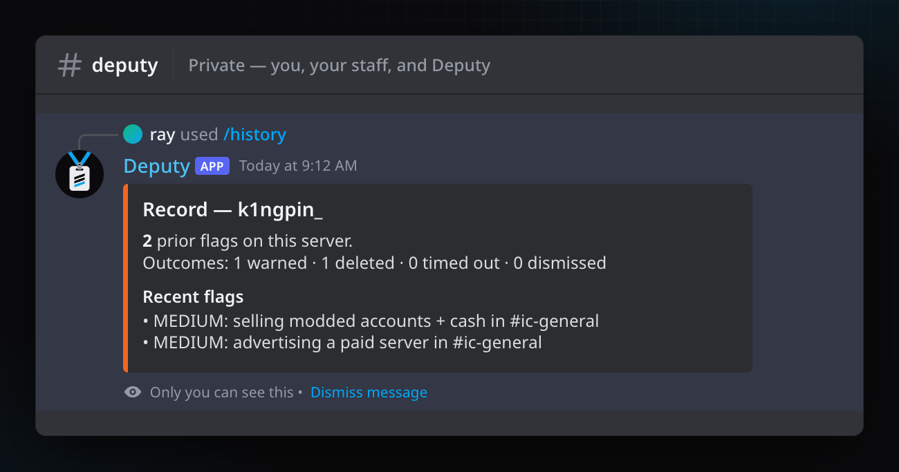 A member's moderation record: two prior flags, one warning and one deleted message.