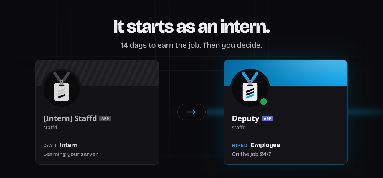 The intern badge on day one, and the full staff badge once it's hired.