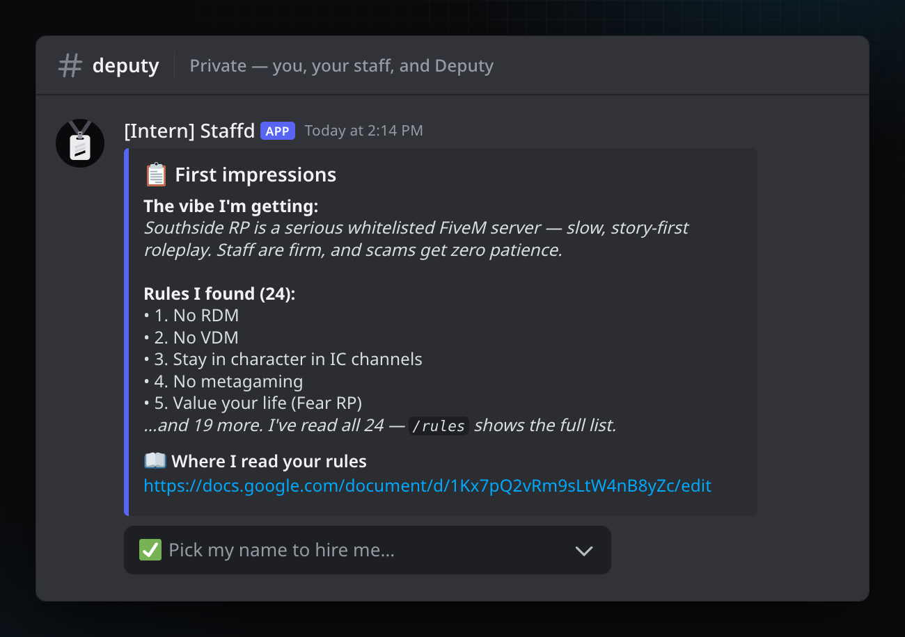 Staffd's first-impressions card: the server's vibe, the 24 rules it found, and where it read them.
